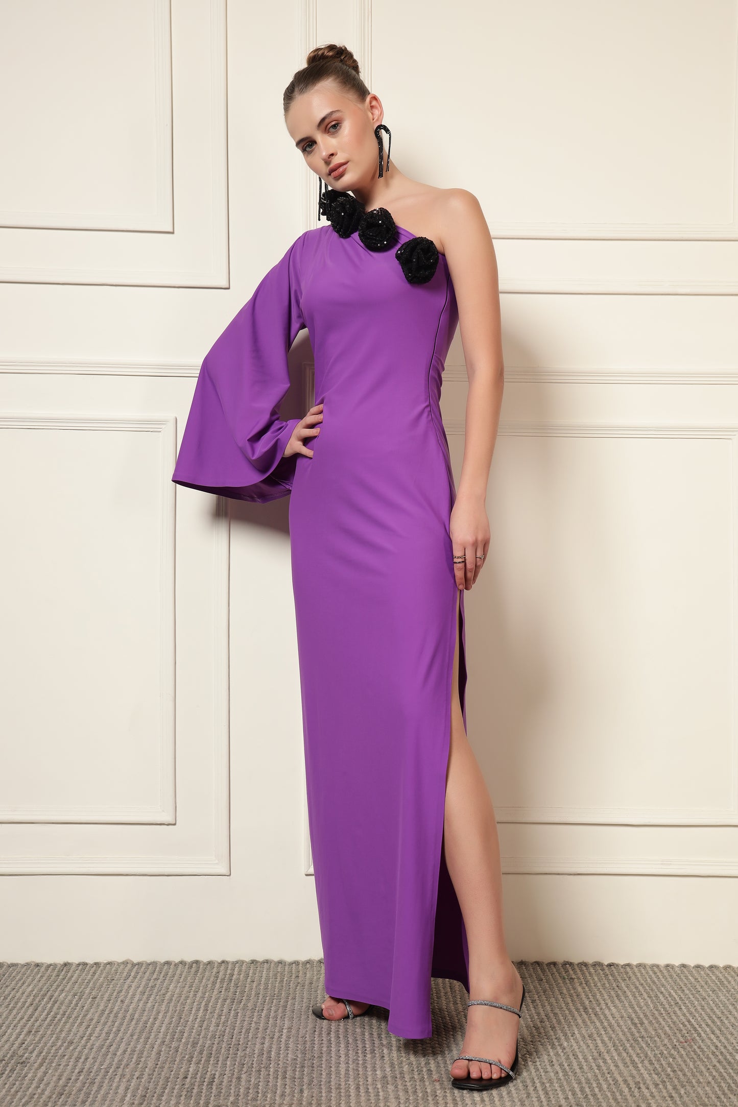ONE SHOULDER MAXI ROSE DRESS