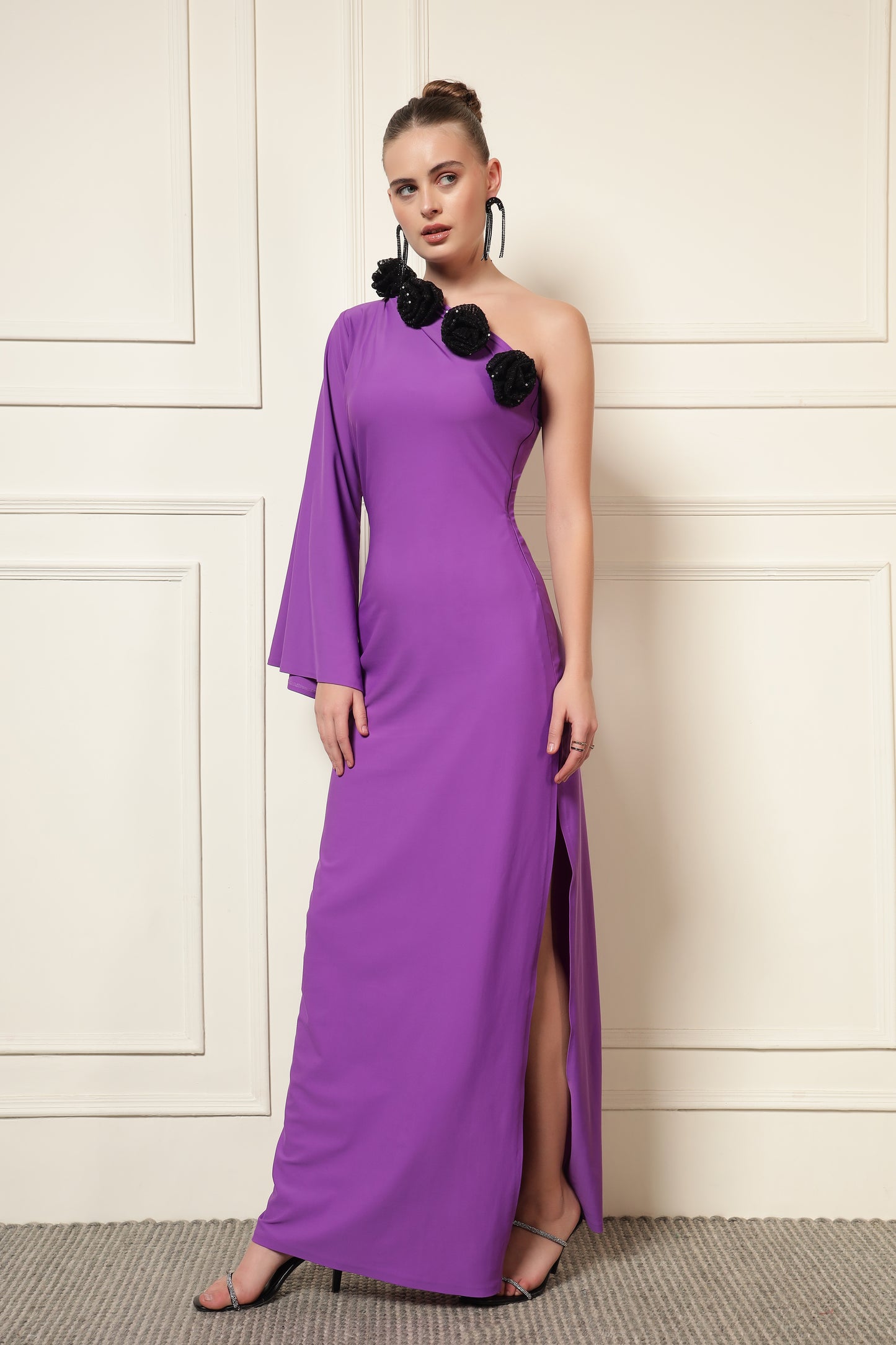 ONE SHOULDER MAXI ROSE DRESS