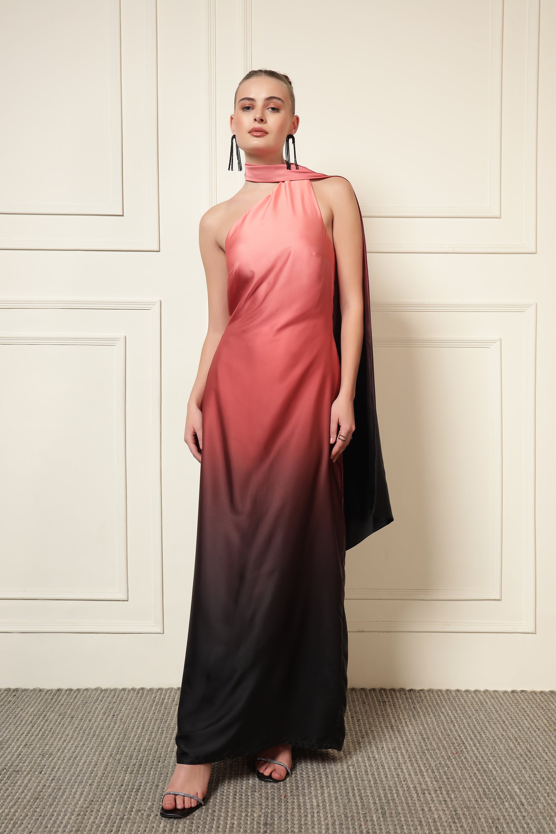 PEACH OMBRE NECK TIE DRESS De Novoo PEACH OMBRE NECK TIE DRESS De Novoo
