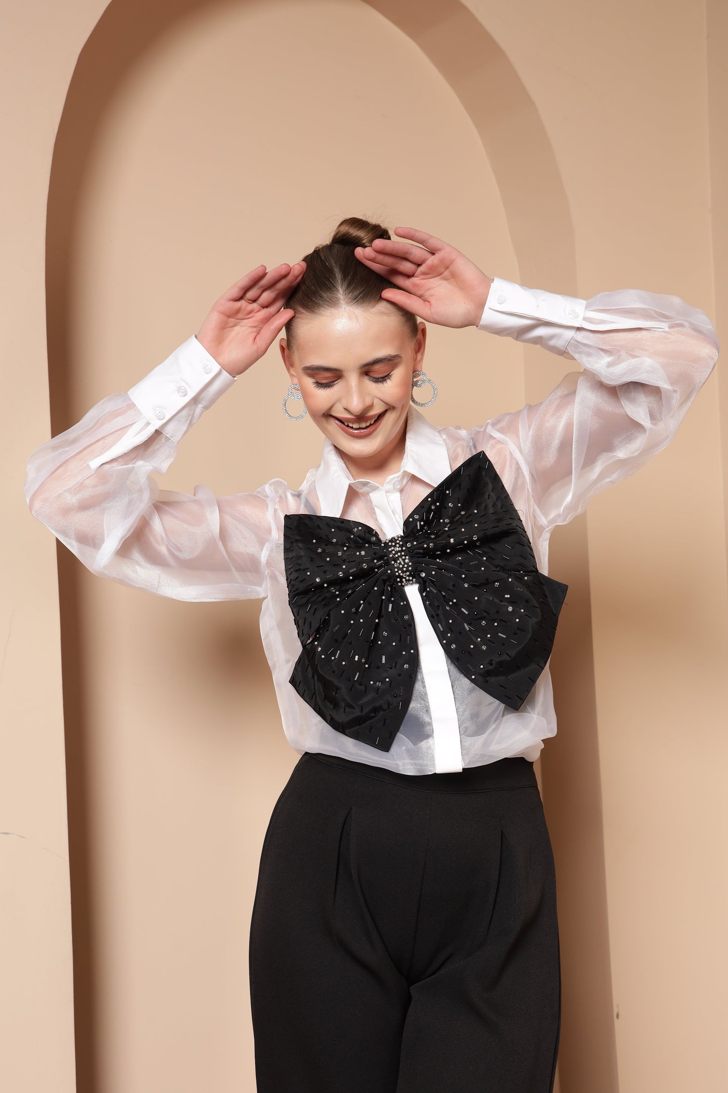 STATEMENT SHEER ORGANZA SHIRT WITH BOW