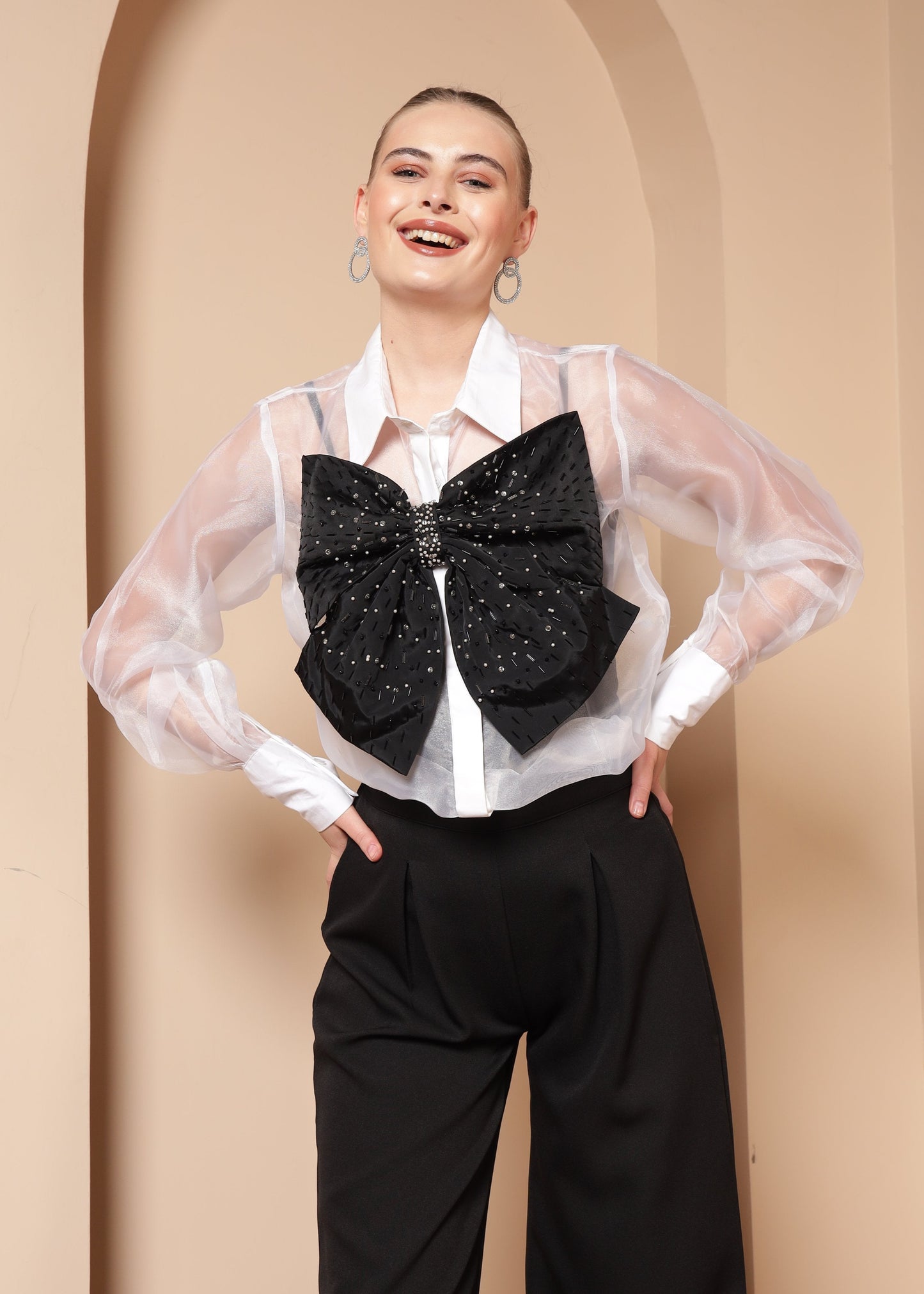 STATEMENT SHEER ORGANZA SHIRT WITH BOW