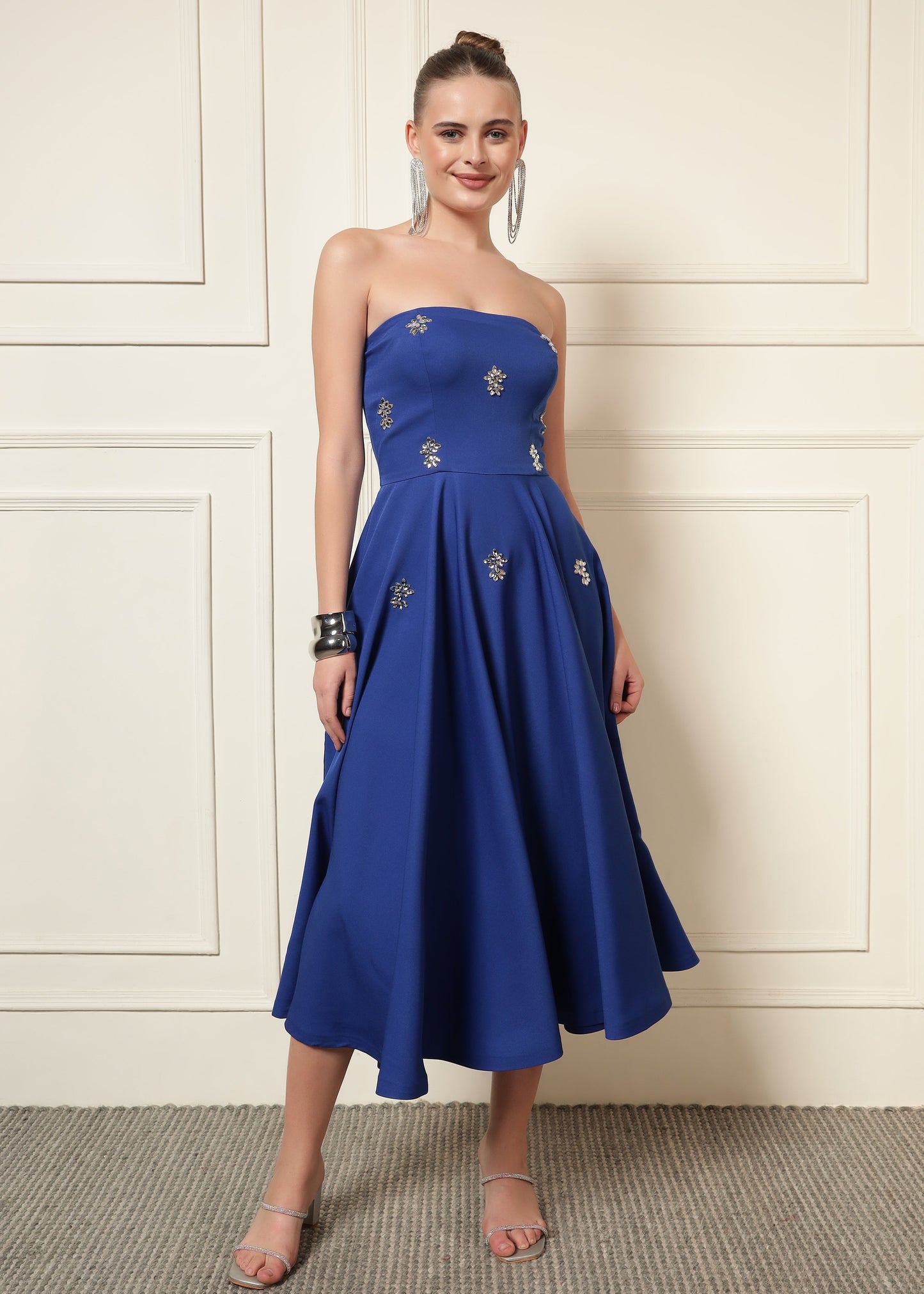 CRYSTAL EMBROIDERED FLARE MIDI DRESS