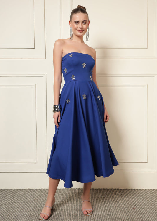 CRYSTAL EMBROIDERED FLARE MIDI DRESS