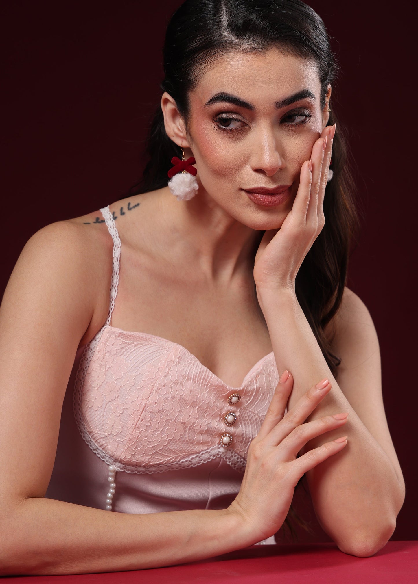 VALENTINE WINE VELVET BALL EARRINGS