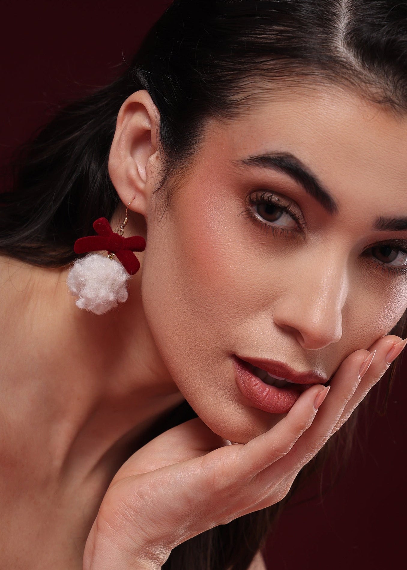 VALENTINE WINE VELVET BALL EARRINGS
