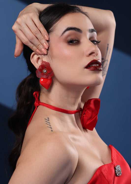 RED DOCONA PEACH HEART EARRINGS