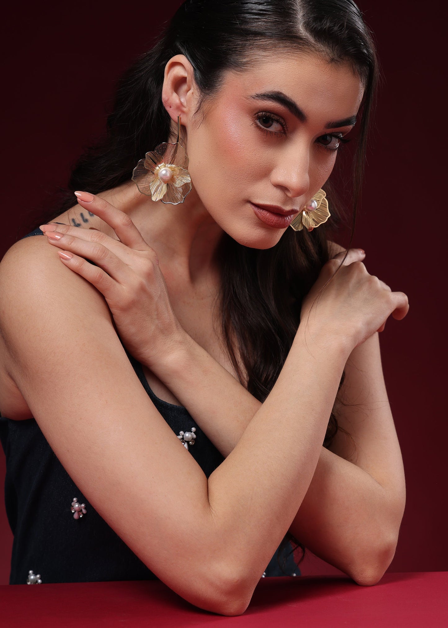 FLORAL PETAL GOLDEN STATEMENT EARRINGS