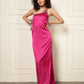 FUCHSIA ROSE ACCENT SATIN DRESS