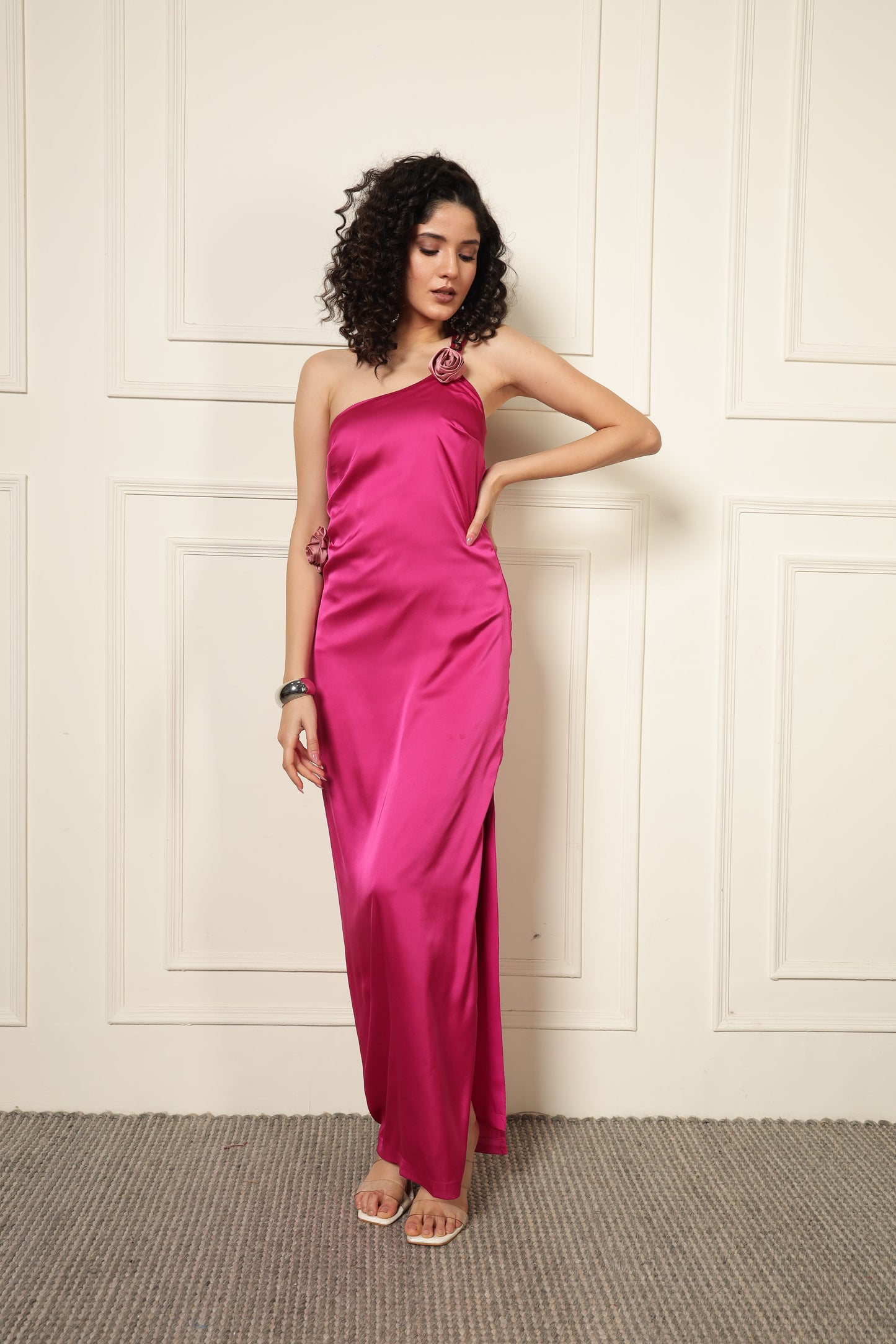 FUCHSIA ROSE ACCENT SATIN DRESS