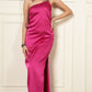 FUCHSIA ROSE ACCENT SATIN DRESS