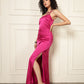 FUCHSIA ROSE ACCENT SATIN DRESS