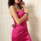 FUCHSIA ROSE ACCENT SATIN DRESS