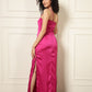 FUCHSIA ROSE ACCENT SATIN DRESS