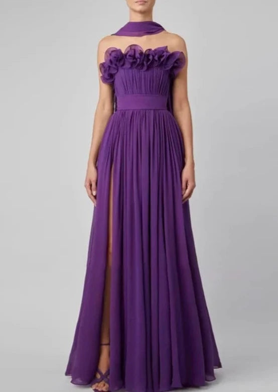 RUFFLED SLIP EVENING DRESS GOWN