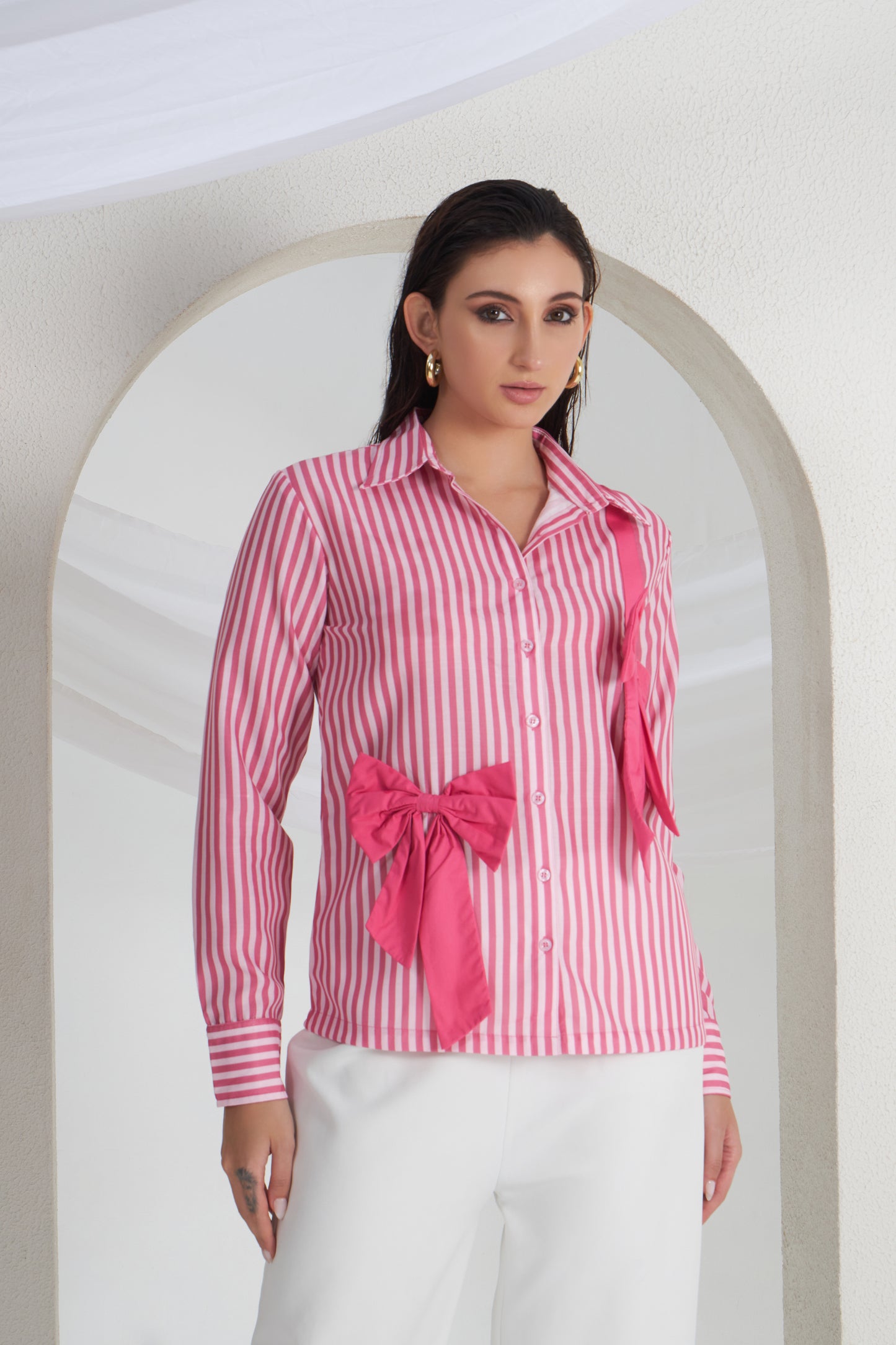 PINK STRIPES PINK BOW SHIRT
