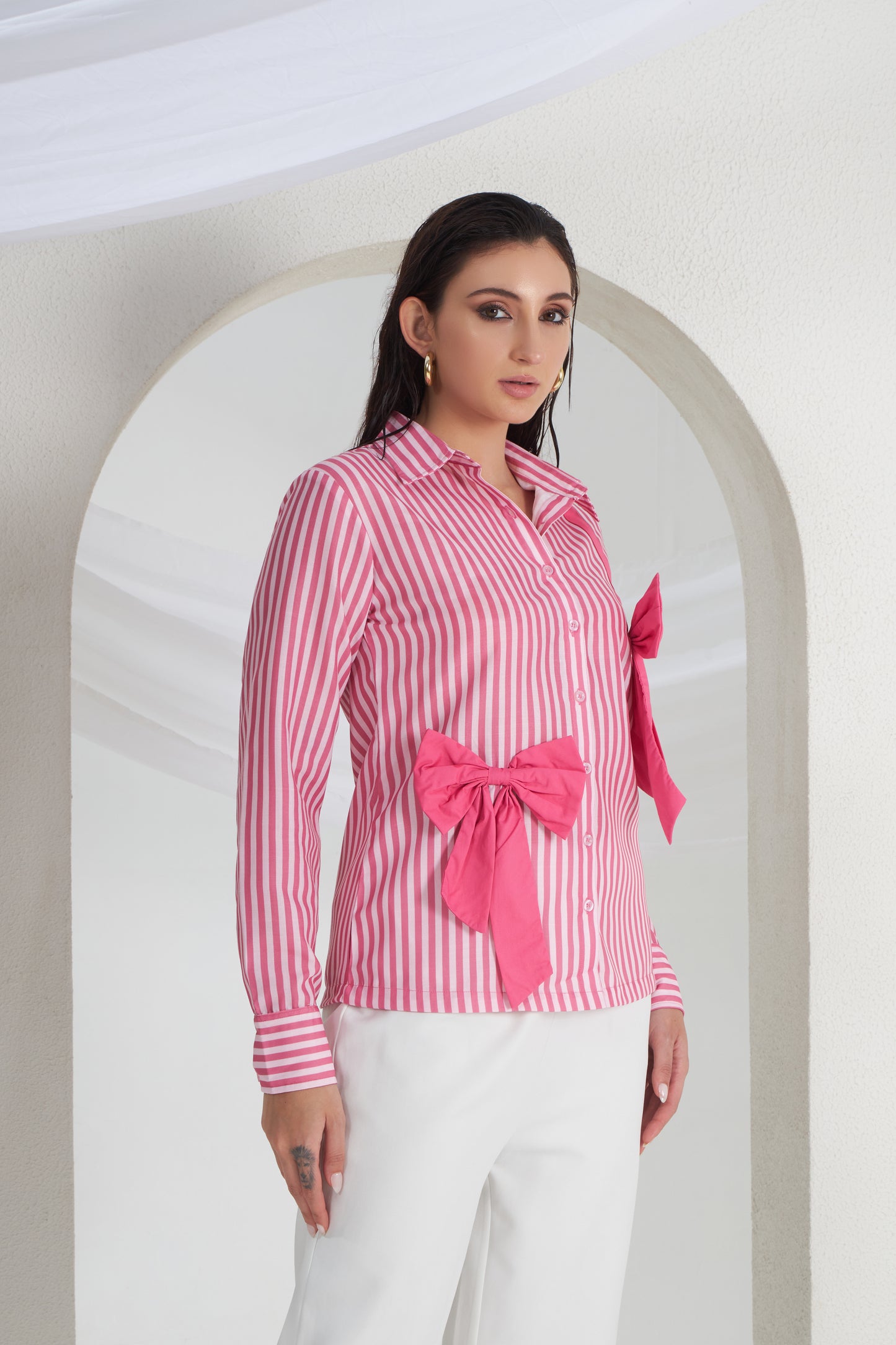 PINK STRIPES PINK BOW SHIRT