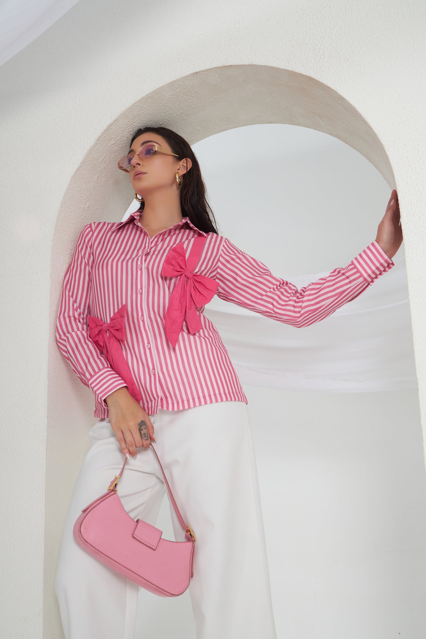 PINK STRIPES PINK BOW SHIRT
