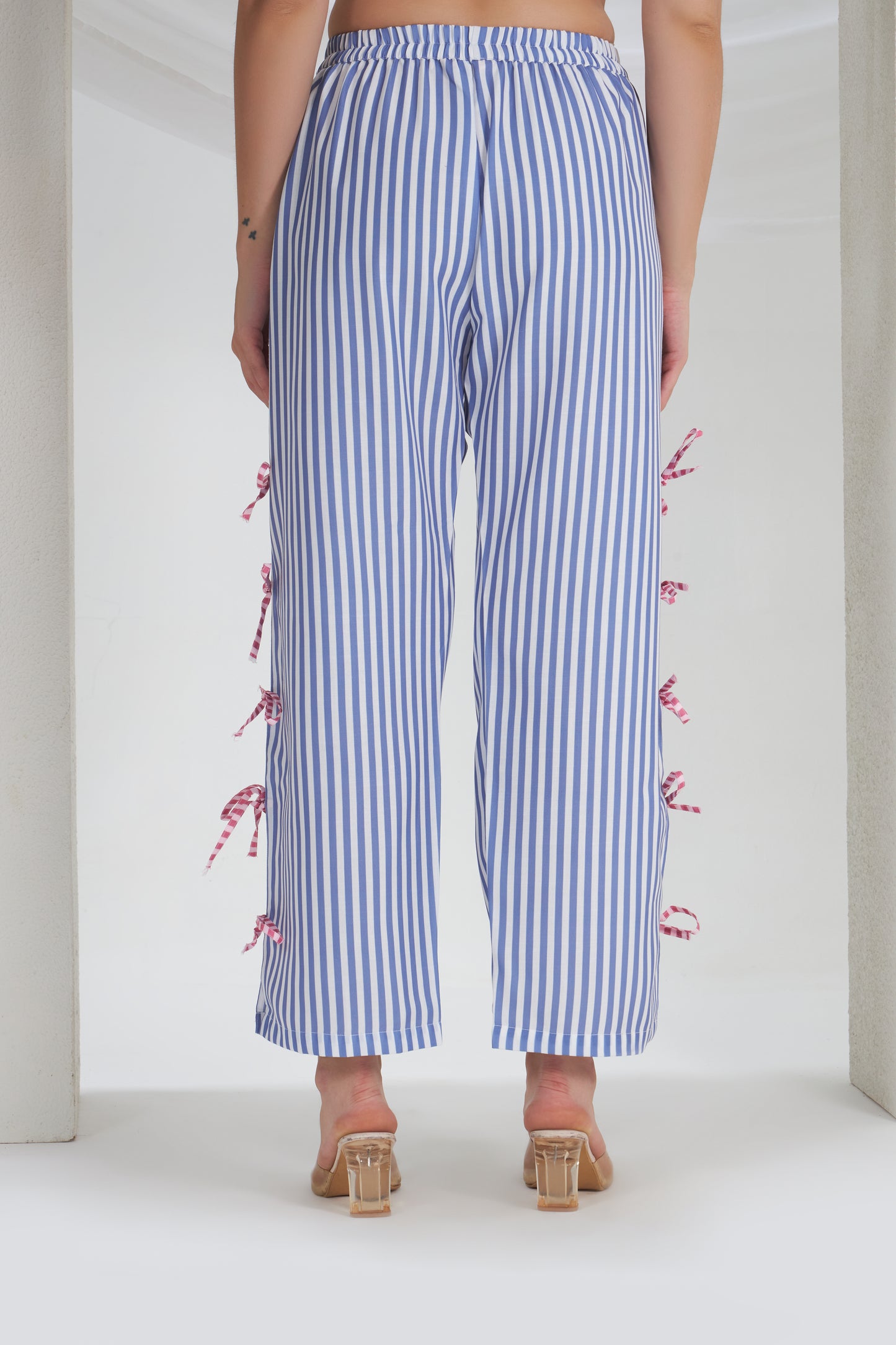 BLUE STRIPED SLIT TIE KNOT PANTS