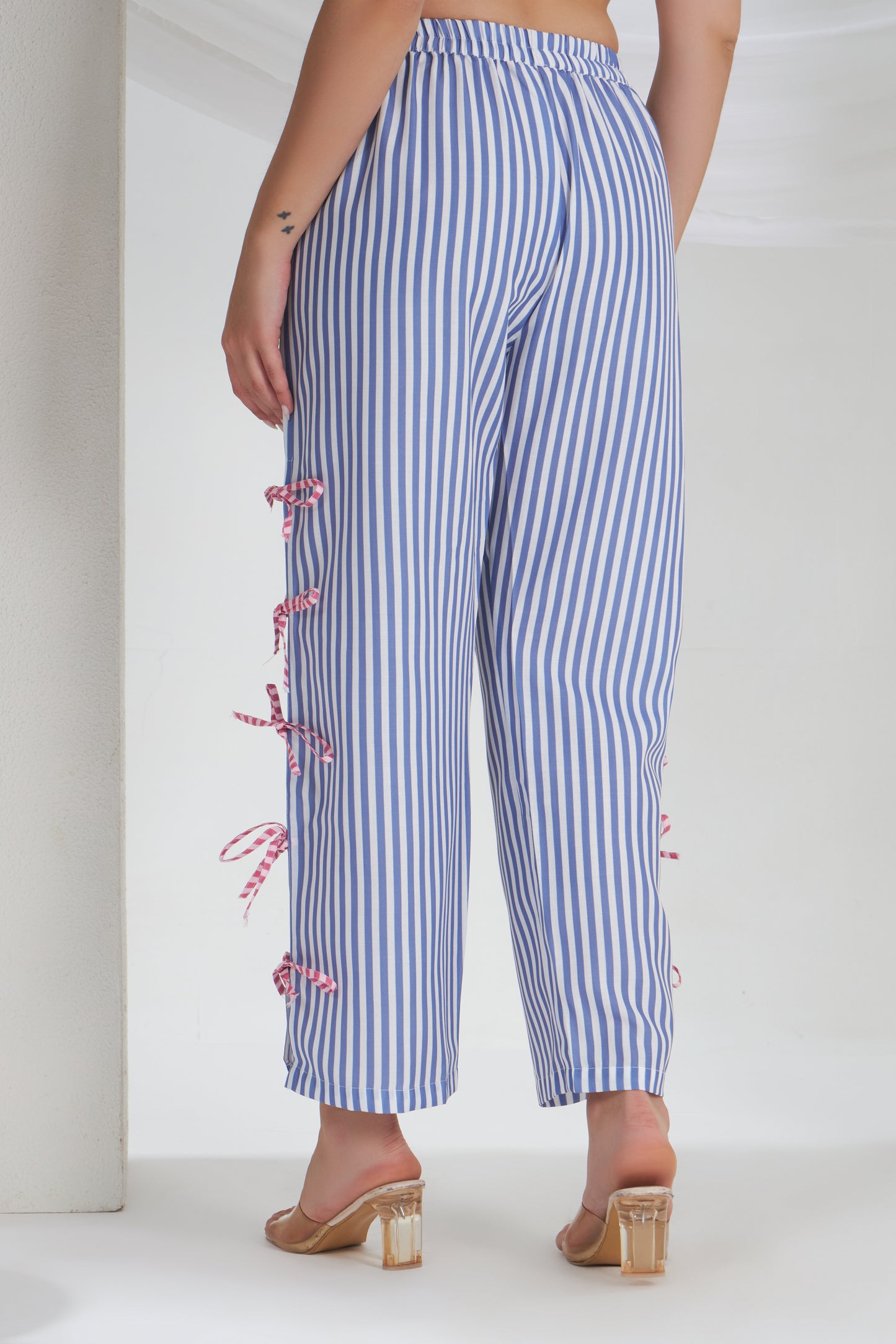 BLUE STRIPED SLIT TIE KNOT PANTS