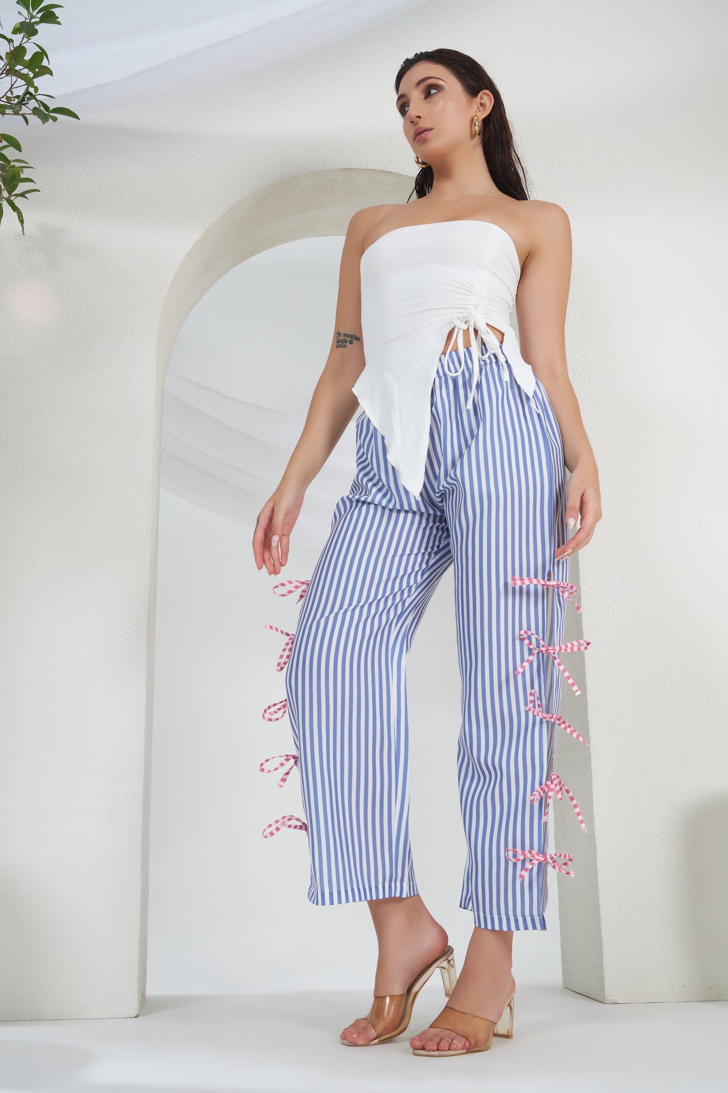 BLUE STRIPED SLIT TIE KNOT PANTS