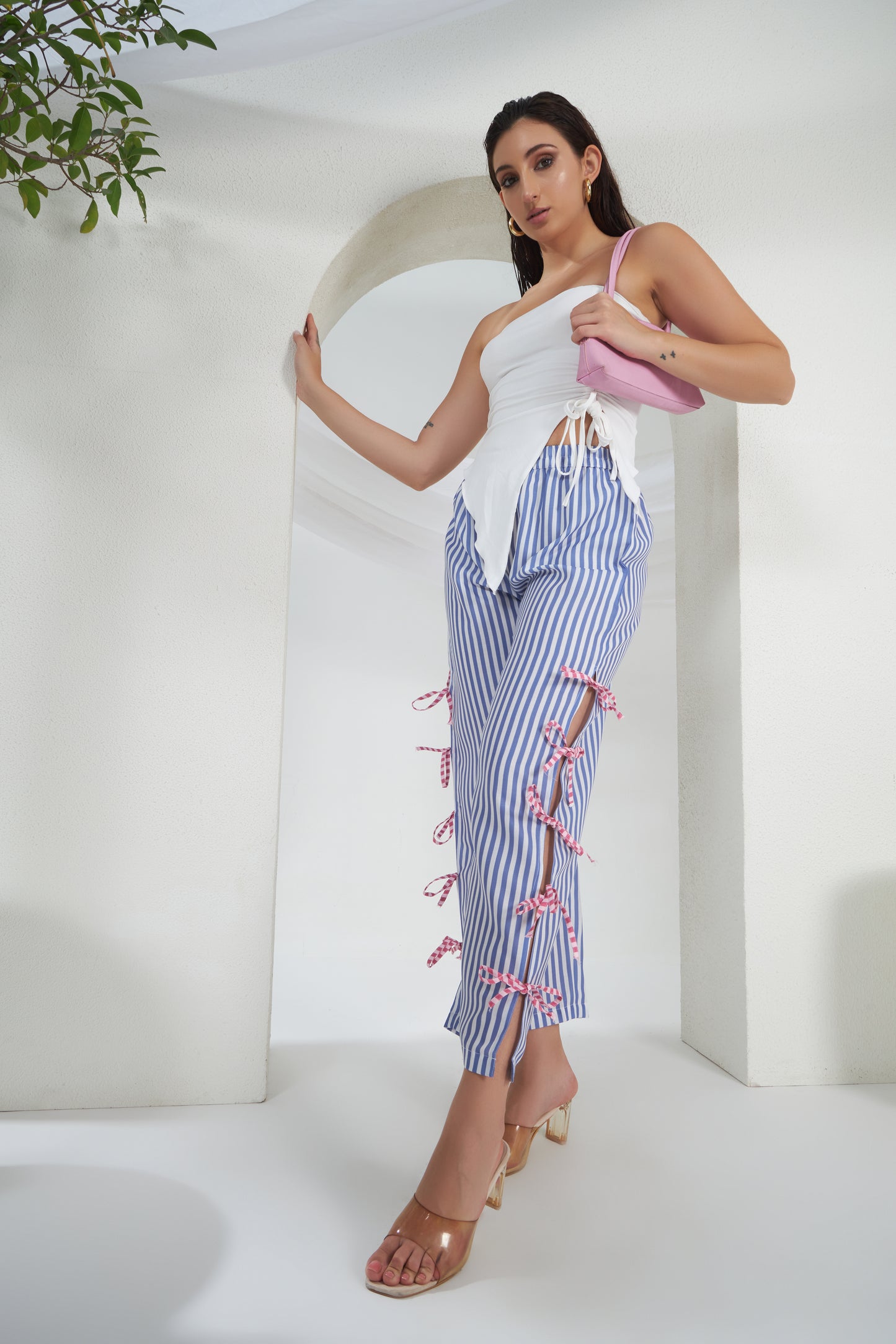 BLUE STRIPED SLIT TIE KNOT PANTS