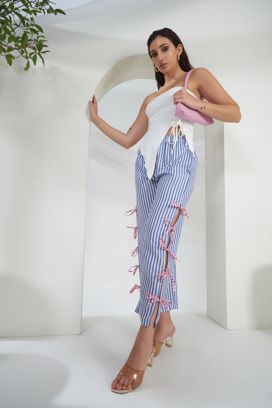 BLUE STRIPED SLIT TIE KNOT PANTS