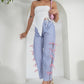 BLUE STRIPED SLIT TIE KNOT PANTS
