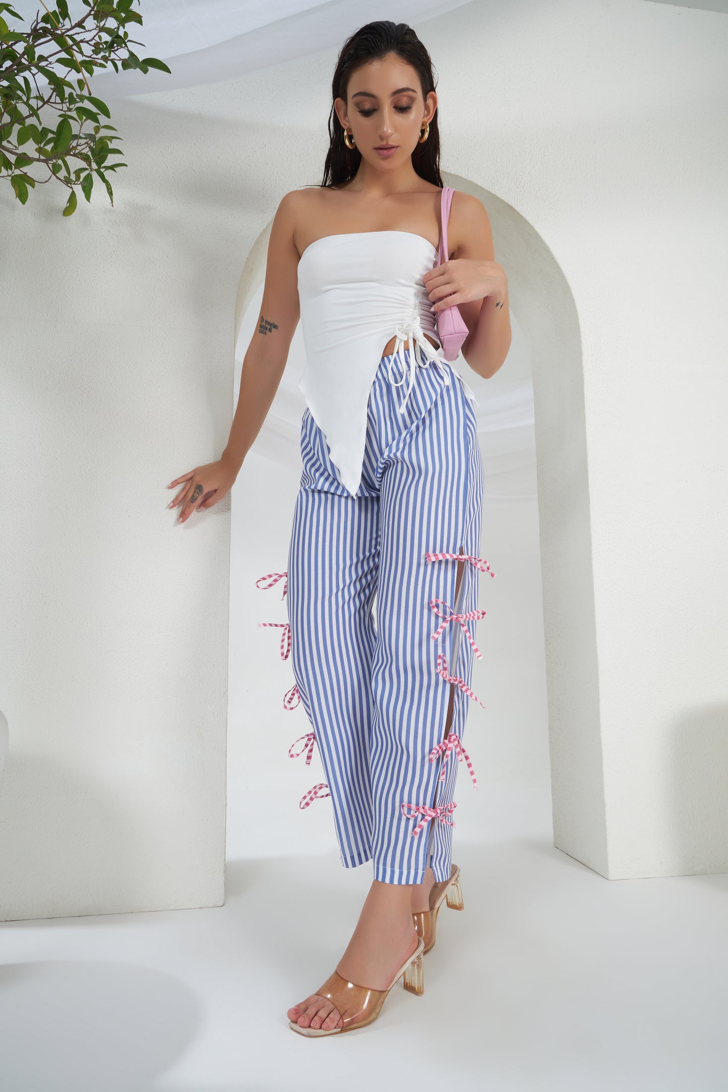 BLUE STRIPED SLIT TIE KNOT PANTS
