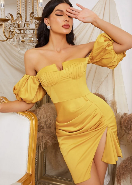 YELLOW TUX PLEATED DRESS