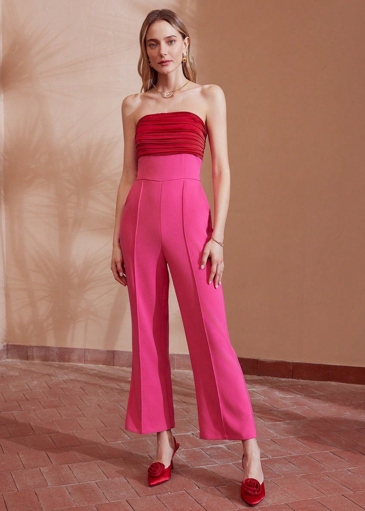 TWO TONE FLARE LEG TUBE JUMPSUIT