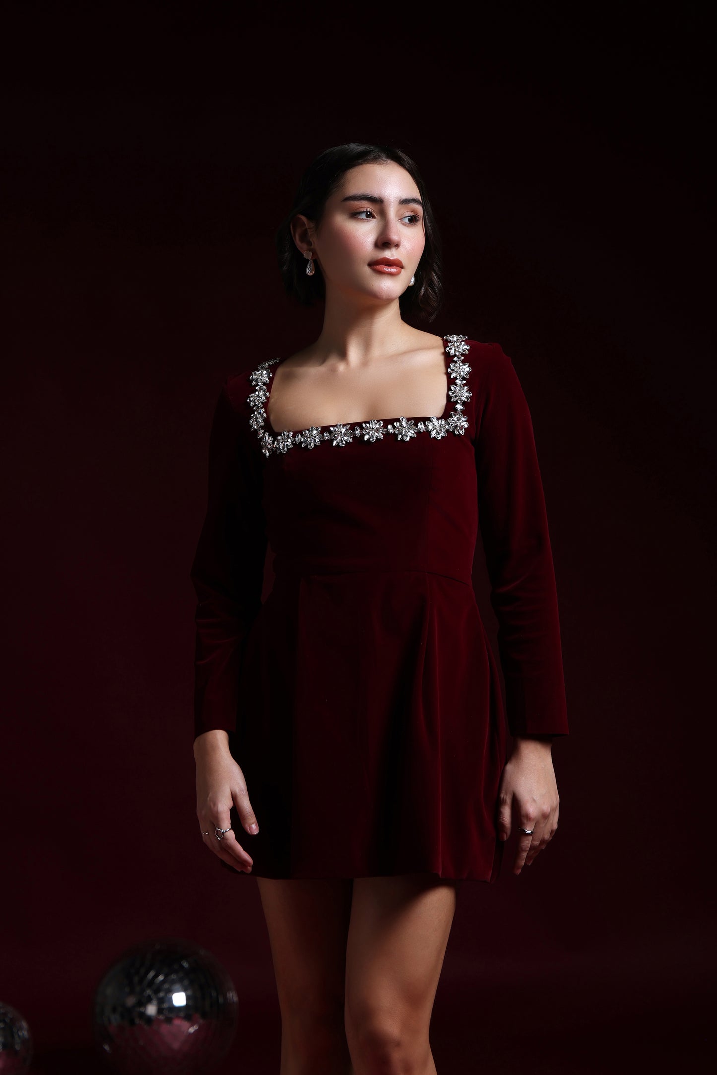 CAMILLE VELVET SQUARE EMBROIDERED NECK DRESS