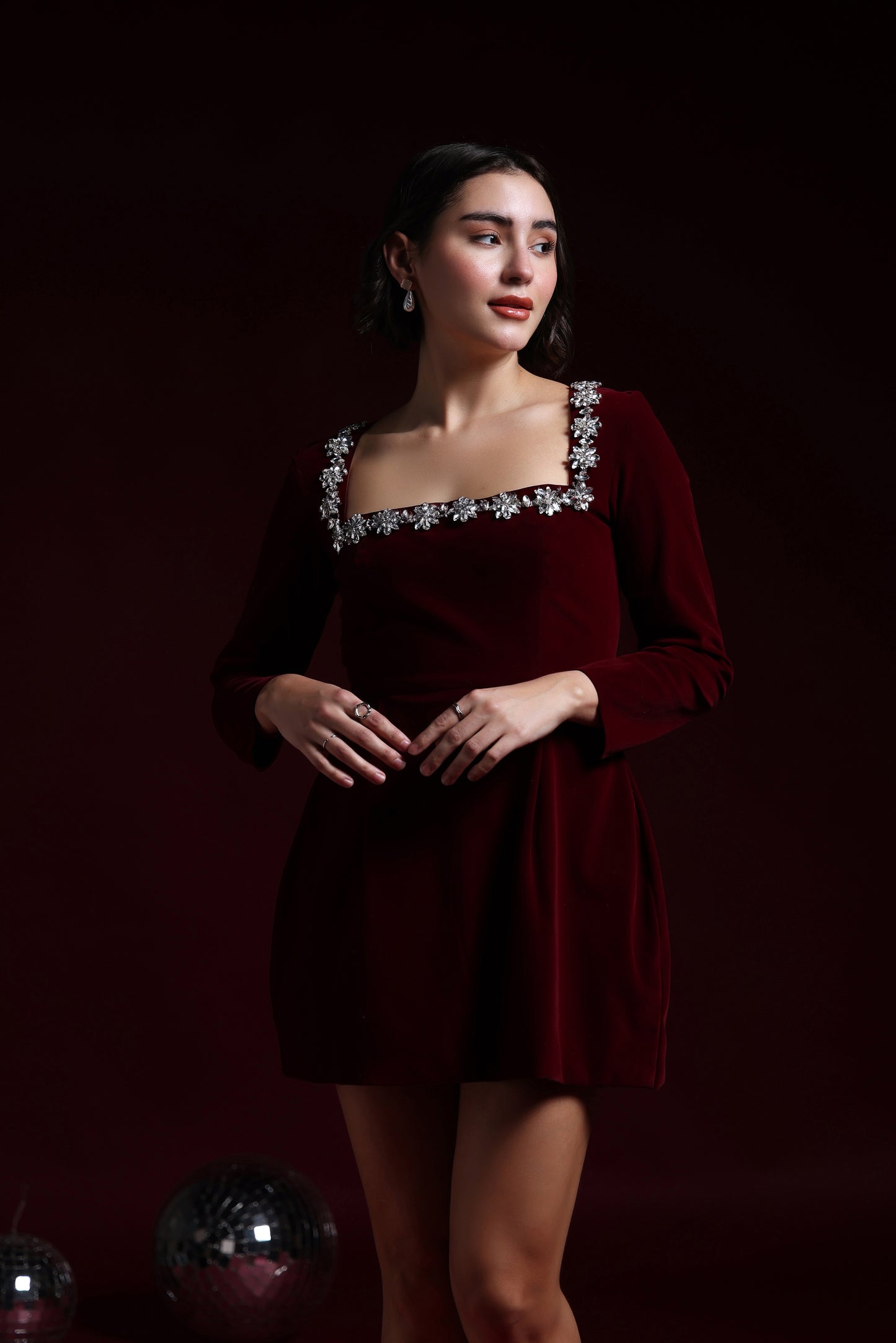 CAMILLE VELVET SQUARE EMBROIDERED NECK DRESS