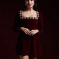 CAMILLE VELVET SQUARE EMBROIDERED NECK DRESS