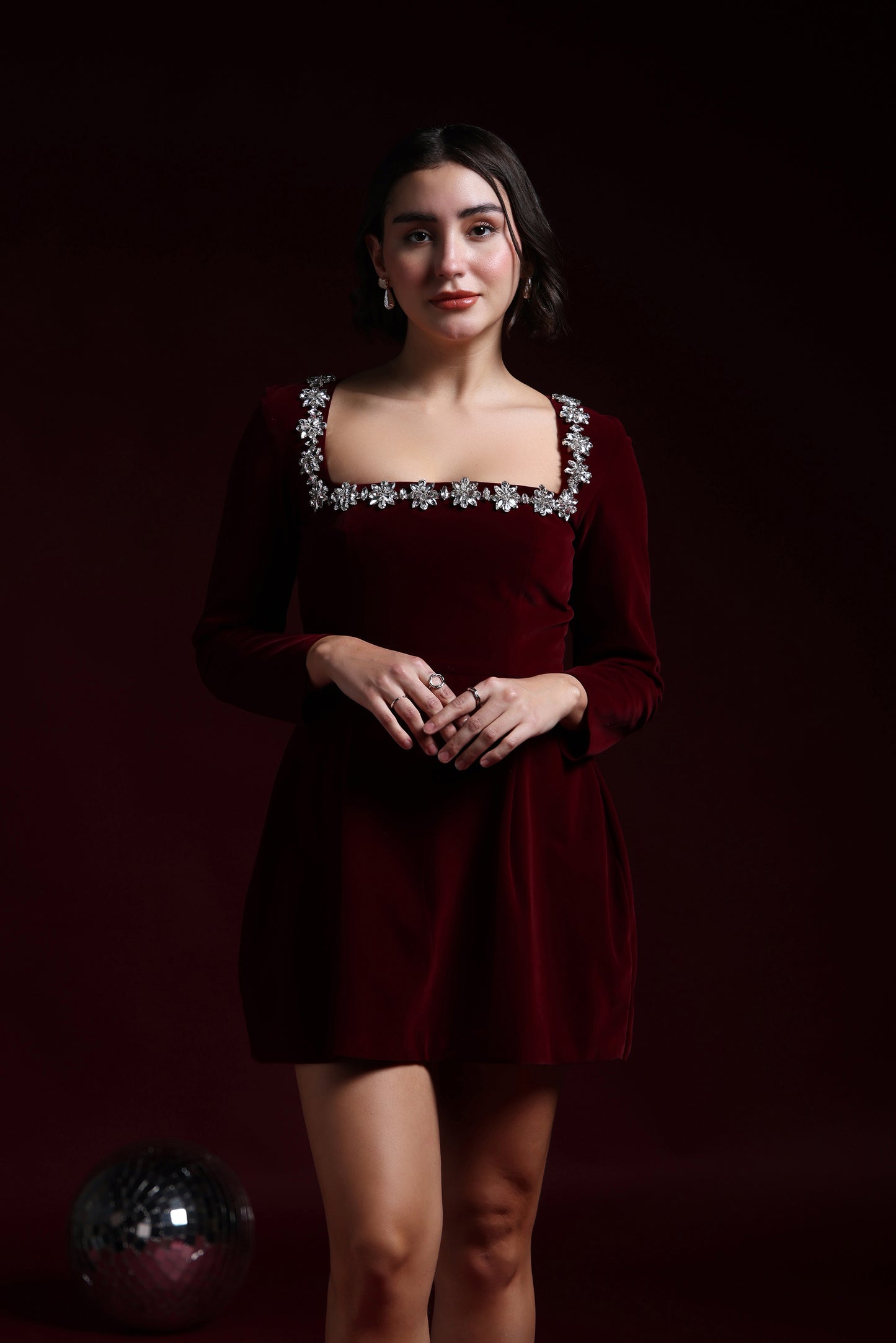 CAMILLE VELVET SQUARE EMBROIDERED NECK DRESS