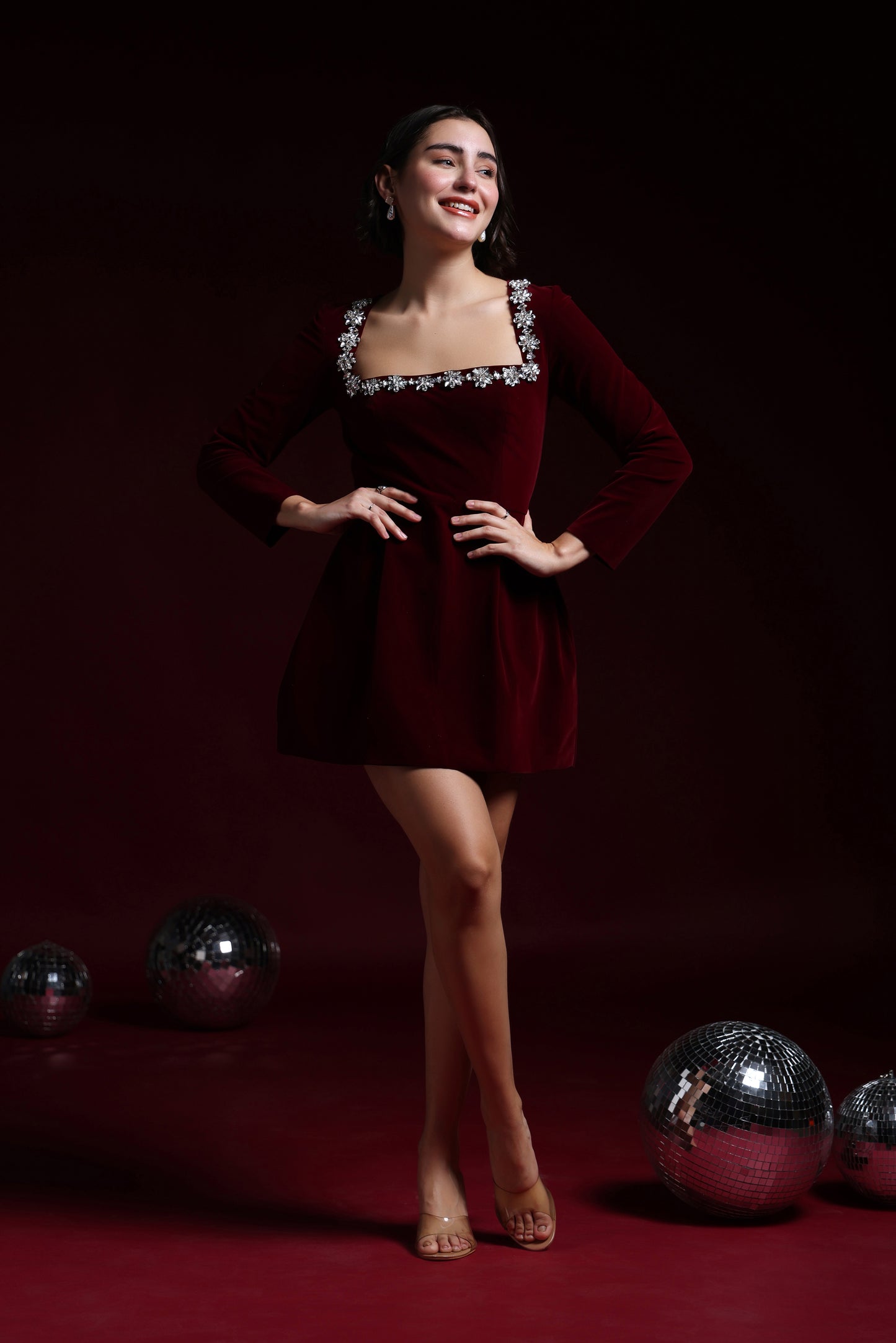 CAMILLE VELVET SQUARE EMBROIDERED NECK DRESS