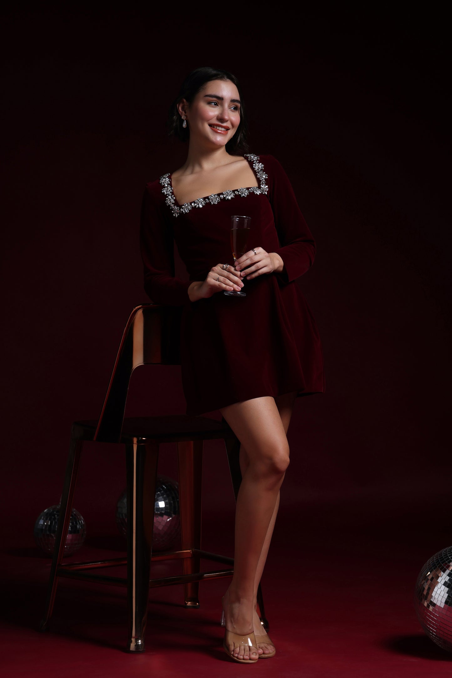 CAMILLE VELVET SQUARE EMBROIDERED NECK DRESS