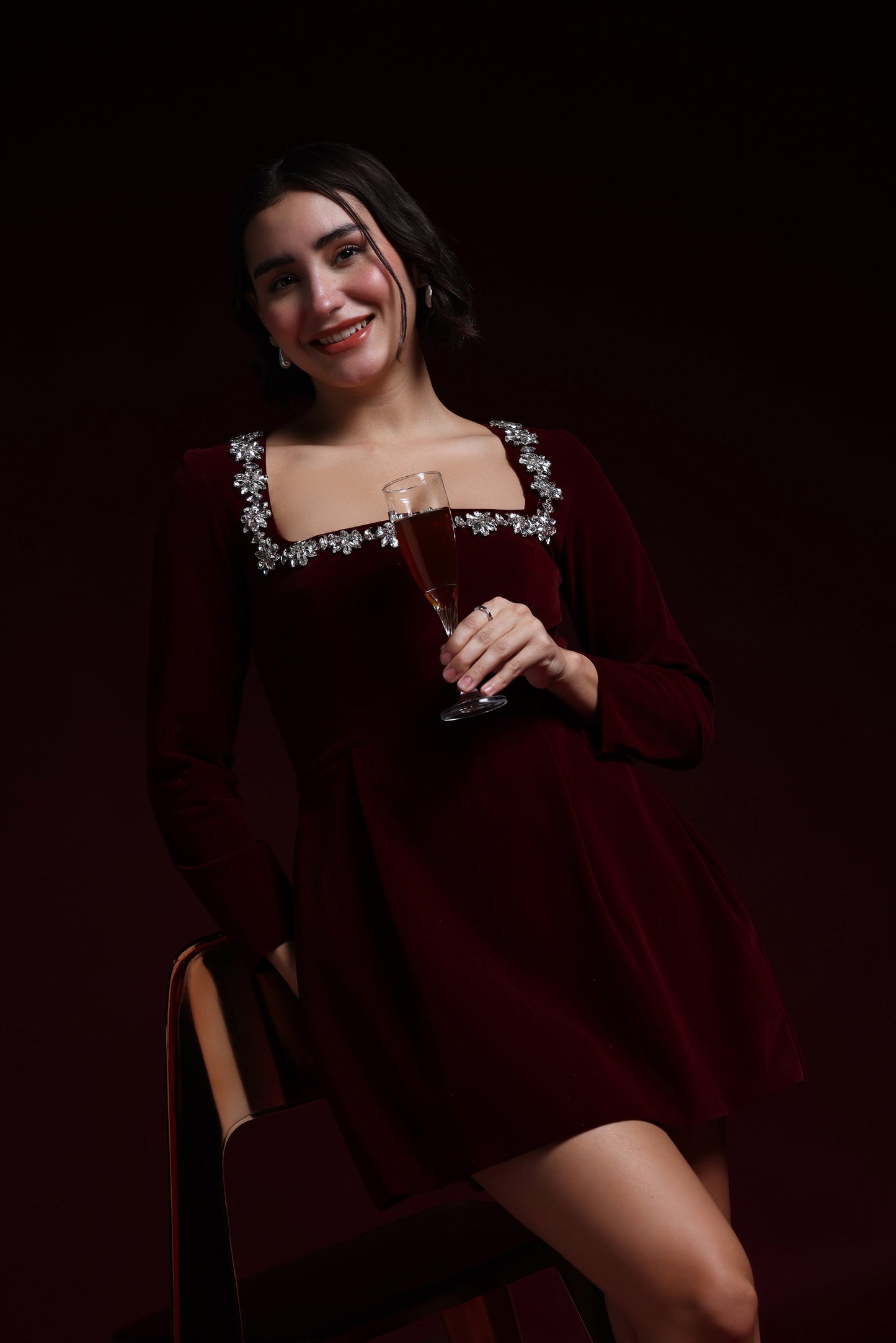 CAMILLE VELVET SQUARE EMBROIDERED NECK DRESS