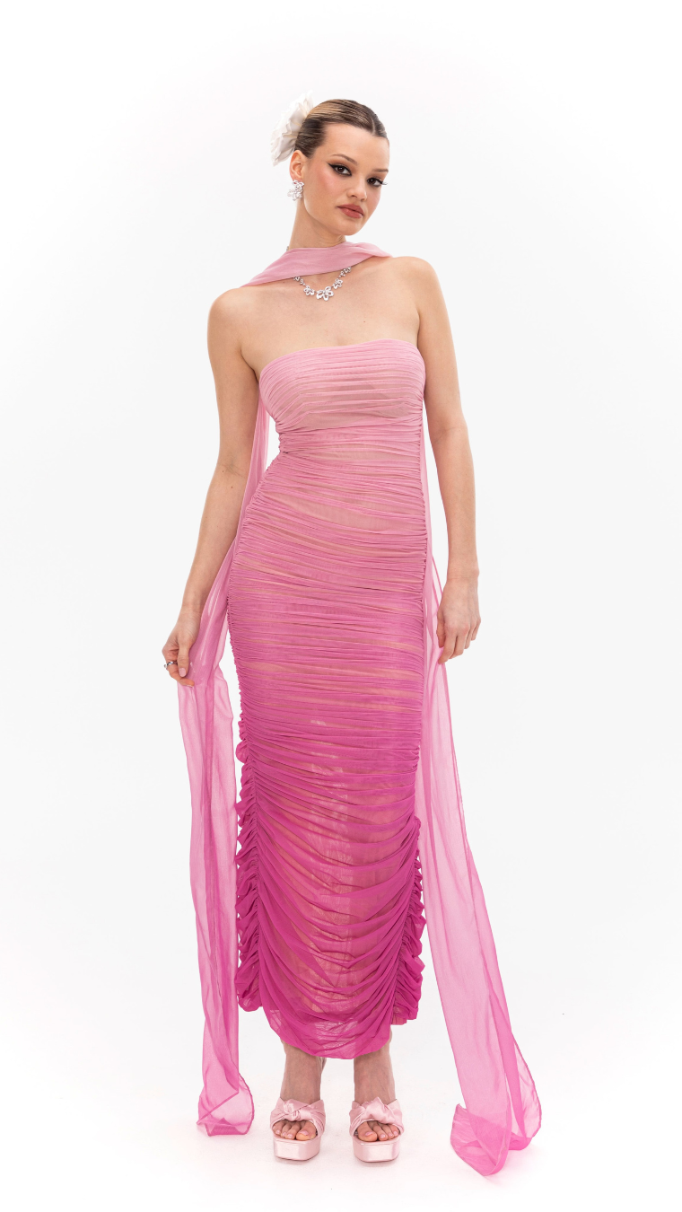 BLUSH AURA RUCHED MESH MAXI DRESS