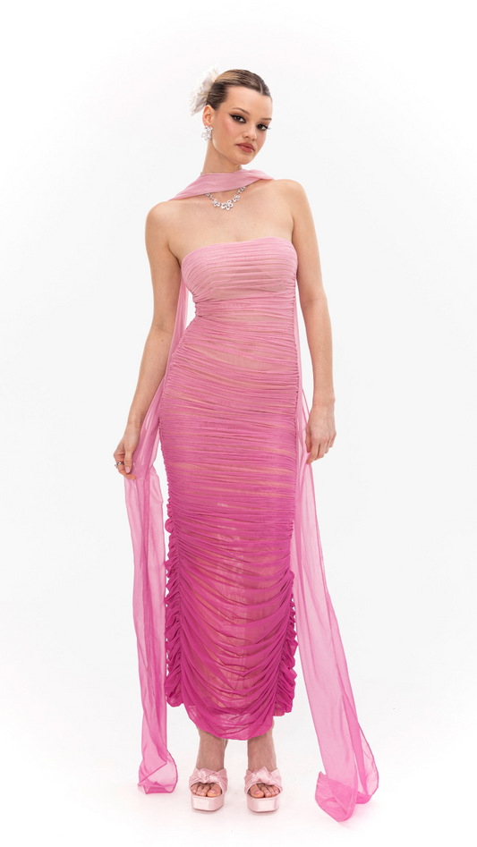 BLUSH AURA RUCHED MESH MAXI DRESS