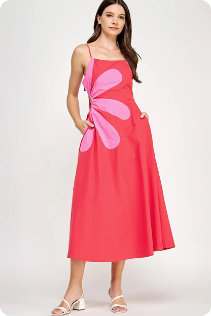 RED SIDE CUT FLOWER MAXI DRESS