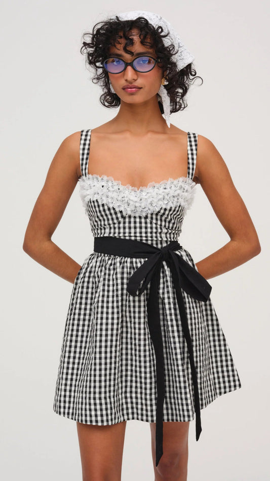 GINGHAM PRINT LACE DETAIL MINI DRESS