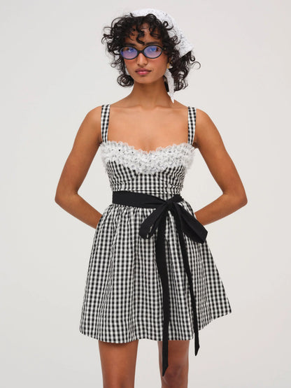 GINGHAM PRINT LACE DETAIL MINI DRESS