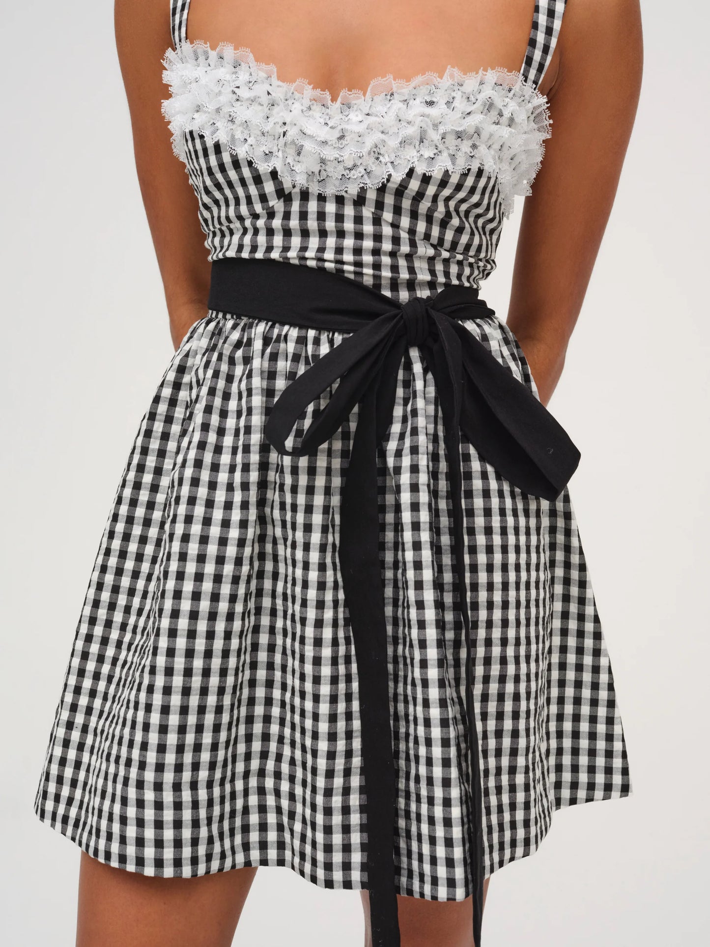 GINGHAM PRINT LACE DETAIL MINI DRESS