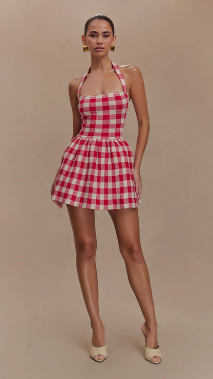 HALTER GINGHAM PRINT MINI DRESS