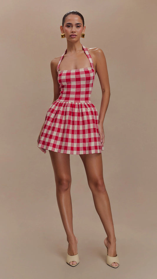 HALTER GINGHAM PRINT MINI DRESS