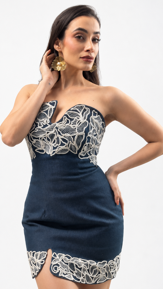 WHITE LACE EMBROIDERED DENIM DRESS