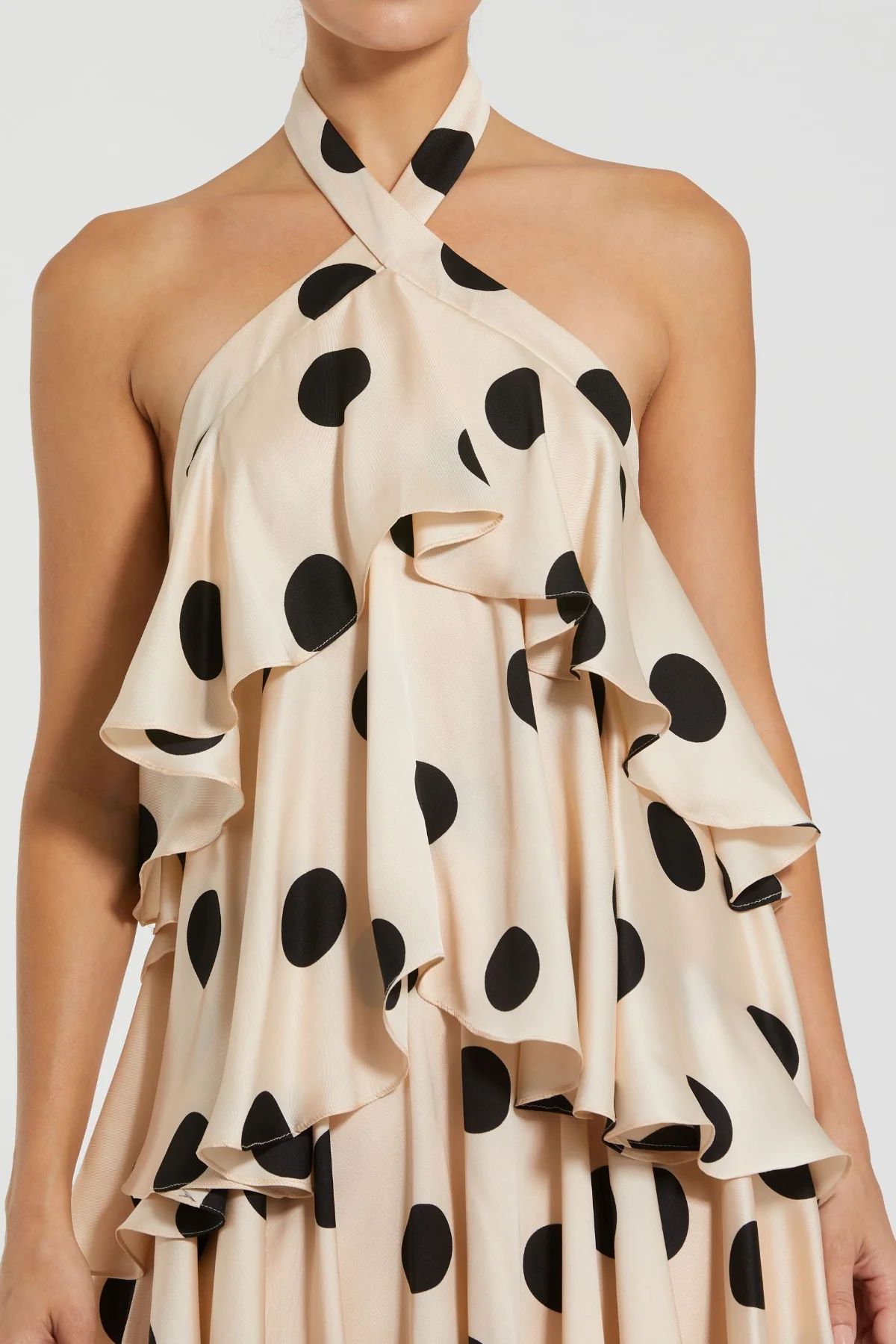 POLKA CASCADE RUFFLE MAXI DRESS