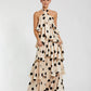 POLKA CASCADE RUFFLE MAXI DRESS