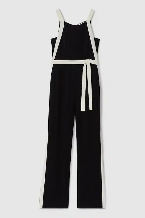 BLACK & WHITE TRIM BELTED JUMPSUIT