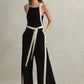 BLACK & WHITE TRIM BELTED JUMPSUIT